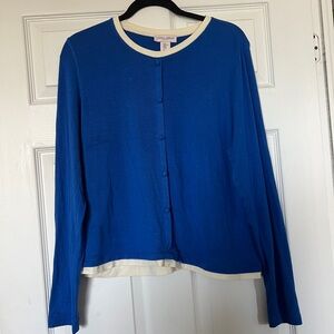 Laura Ashley Blue Button Down Cardigan with Cream Trim